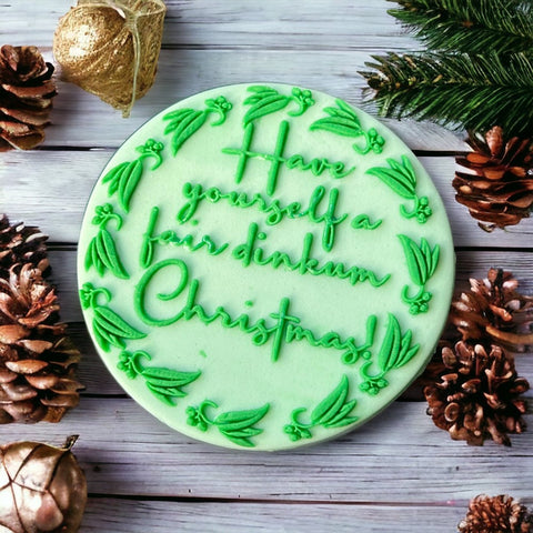 Have yourself a fair dinkum Christmas (Script) with Eucalypt Wreath Raise It Up / Deboss Cookie Stamp