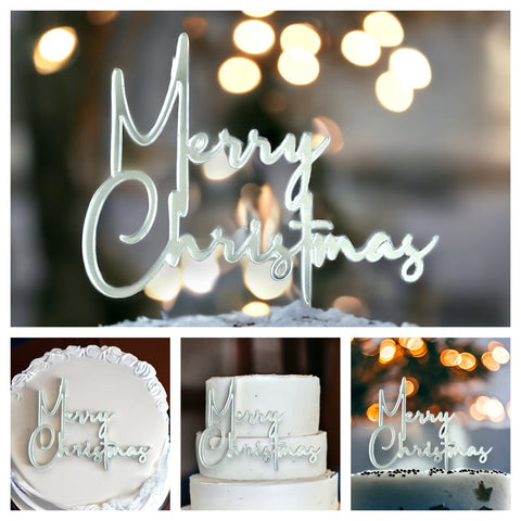Merry Christmas (Script) Cake Topper - Silver Acrylic