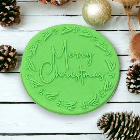 Merry Christmas (Script) with Eucalypt Wreath Raise It Up / Deboss Cookie Stamp