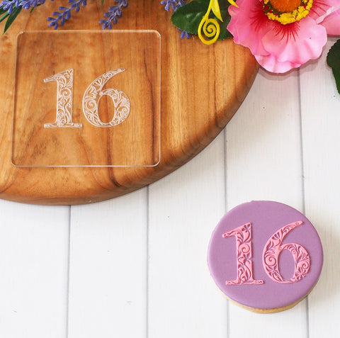 Number Sixteen (Floral) Raise It Up / Deboss Cookie Stamp