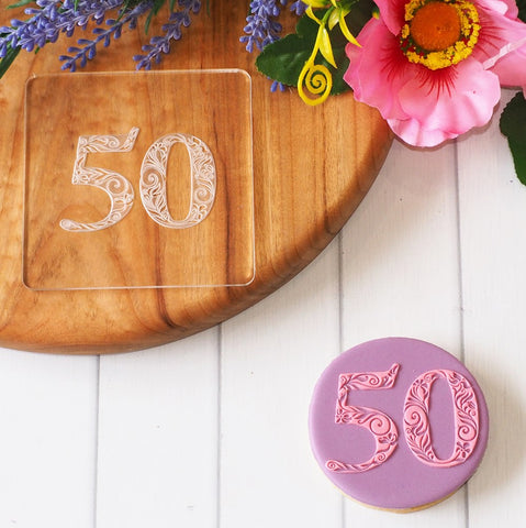 Number Fifty (Floral) Raise It Up / Deboss Cookie Stamp