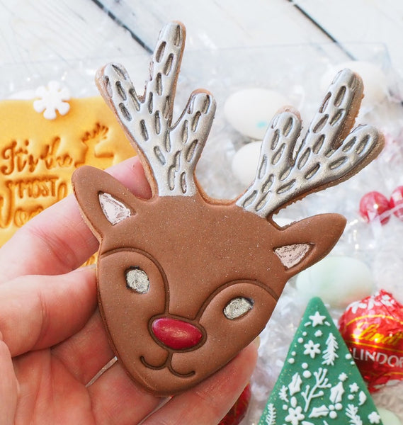 Reindeer Face (Boy/Rudolph) (Stamp Set) Emboss 3D Printed Cookie Stamp + Stainless Steel Cookie Cutter