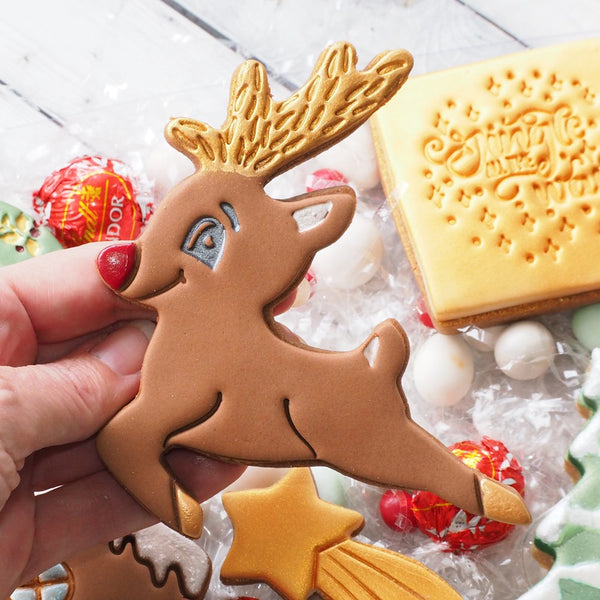 Reindeer Leaping (Stamp Set) Emboss 3D Printed Cookie Stamp  + Stainless Steel Cookie Cutter