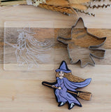 Witch on Broomstick (Stamp Set) Raise It Up / Deboss Cookie Stamp  + Stainless Steel Cookie Cutter
