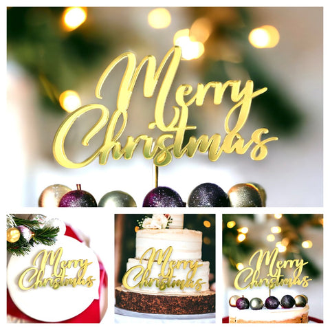 Merry Christmas (Bold Script) Cake Topper - Gold Acrylic