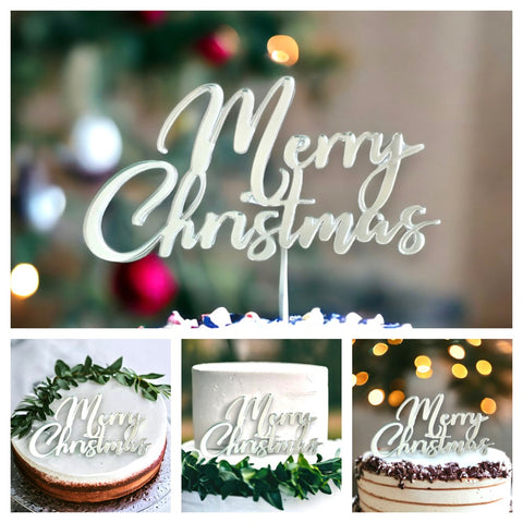 Merry Christmas (Bold Script) Cake Topper - Silver Acrylic
